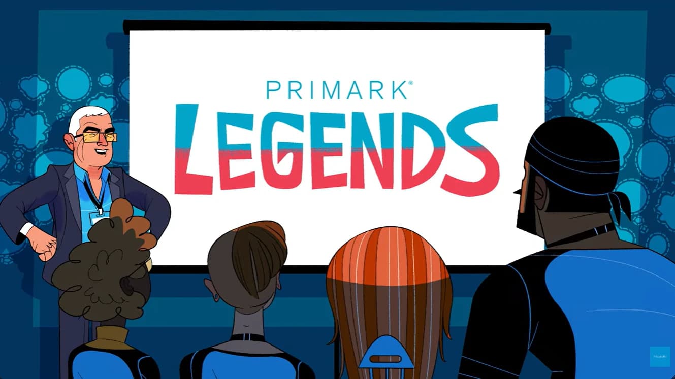 Cartoon of Gerry Butler presenting the Primark Legends title screen to a team of new Primark staff